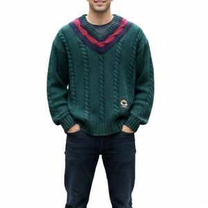 Vintage STX Lacrosse Cable Knit Ivy League VNeck Sweater Green Blue Red L Prep